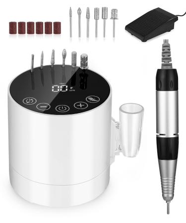 Electric Nail Drill File 35000 RPM Electric Nail Files Adjustable Speed Professional Nail Files for Acrylic and Gel Nails Electric Manicure Pedicure Kit with LCD Display Touchscreen Buttons (White)