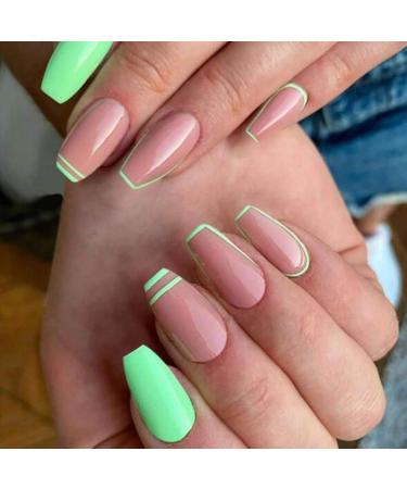 Brishow coffin artificial nails short false nails fake nails press the nails ballerina acrylina full cover 24 pieces for women and girls (pink green)