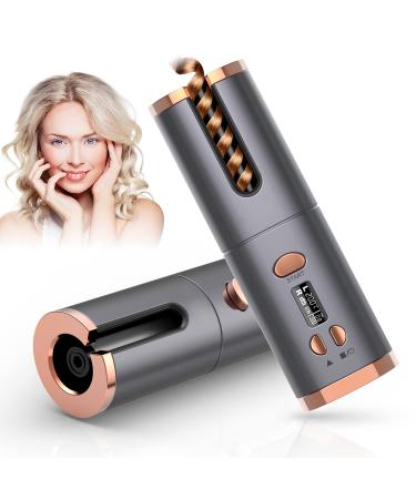 Cordless Hair Curler - Automatic Curling Wand - USB Wireless Curling Iron - Hair Curling - with 6 Adjustable LCD Temperature Display & Timer Settings - Rechargeable Portable for Home, Travel Silver