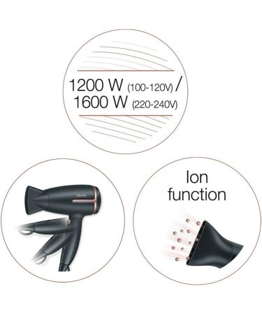 Beurer Style Pro HC25 Travel Hair Dryer - Dual Voltage Lightweight Portable Hairdryer (1200/1600 Watts) - Ion Function & Overheat Protection - Gold/Black - Buy Online on GoSupps.com
