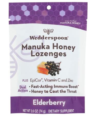 Wedderspoon Elderberry Cough Drops Manuka Honey Lozenges with Dual Action Fast-Acting Immune Boost & Honey to Coate The Throat with Vitamin C & Zinc 2.6 Ounce (Pack of 6)