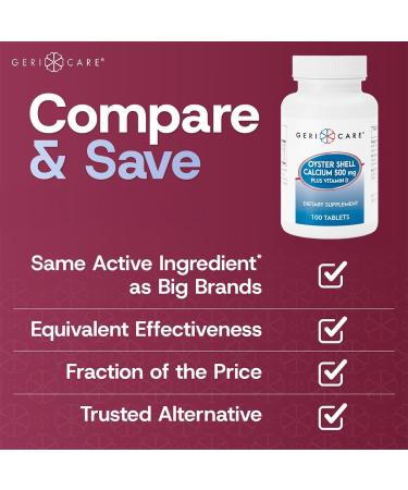 GeriCare Oyster Shell Calcium 500mg + Vitamin D Bone Health Nutritional Supplement Tablets 100 Count (Pack of 1) - Buy Online on GoSupps.com