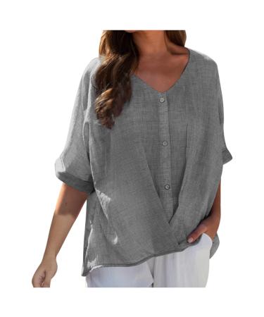 Women Linen Shirts Casual Short Sleeve V-Neck Blouses Button Ladies Work Office Loose Tshirt Basic Summer Tee Shirts 202-qppoj-grey-b 3XL