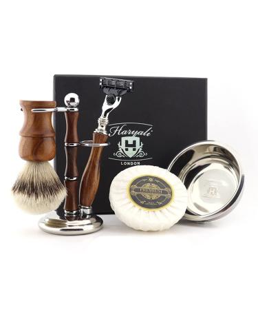 Haryali London 5-part men's rasier set made of wood 3 blades razor with silver tip roof hair brush stand soap and bowl perfect New Year's gift set for men