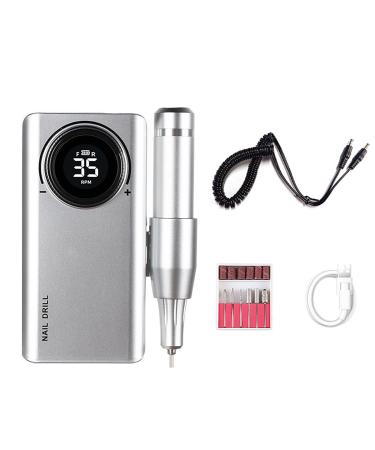 Nail Drill Rechargeable Professional Electric Nail File 35000RPM Portable Nail Drill with 6 Drill Bits for Acrylic Nails Gel Manicure Pedicure Polishing Tool for Salon & Home Use Silver