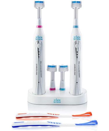 Triple Bristle Duo | 2 Sonic Toothbrushes with Dual Charging Station | Patented 3 Head Design | 31,000 VPM Electric Toothbrush Set | for Adults, Families & Couples | Triple Bristle Duo