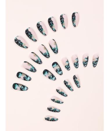 24pcs Blue Gold Foil Press on Nails Botanical Plant Fake Nail Green Medium Square Coffin Nails Press on Nails Coffin Shape Nails - Buy Online on GoSupps.com