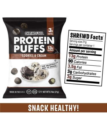 Shrewd Food Protein Puffs - Low Carb, High Protein Cookies & Cream Snacks (8 Pack) - Gluten Free, Soy Free, Nut Free - Buy Online on GoSupps.com