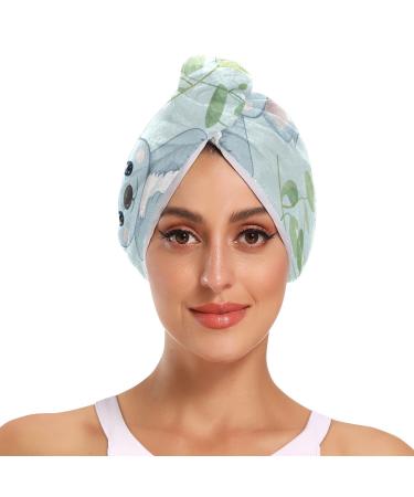 Koalas Green Leaf Hair Towel 2 Pack Super Absorbent Hair Drying Towel Quick Dry Hair Turbans Head Towel with Button Twisty Wrap for Women Girls