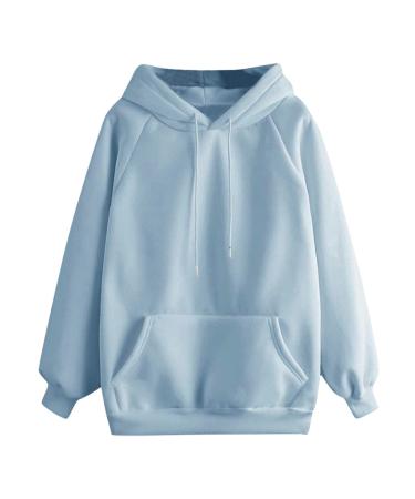 Cute Hoodies for Teen Girls Preppy Tops Solid Color Sweatshirts with Big Pockets Womens Long Sleeve Casual Pullover Sky Blue Medium