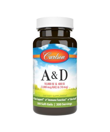Carlson - A & D 10000 IU (3000 mcg RAE) Vitamin A 400 IU (10 mcg) Vitamin D3 Vision Support Skin Health 300 Soft Gels