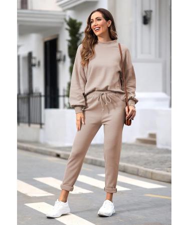 Fixmatti Women's 2 Piece Outfits | Long Sleeve Pullover Sweatshirt Jogger Pants Sweatsuit | Khaki - Size Small - Buy Online on GoSupps.com
