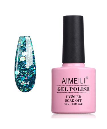AIMEILI Soak Off U V LED Gel Nail Polish - Diamond Glitter Teal Blue Green (044) 10ml