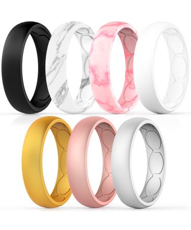 Forthee Breathable Designed Silicone Wedding Ring for Women, 5.7mm Silicone Rubber Band, Durable Wedding Ring Replacement, Comfortable fit, Skin Safe Black, White, Gold, Silver, Rosegold, Pink & Fuchsia, White & Gray 7(17.3mm)