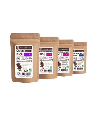 Coffret Caf Grains Bio 100% Arabica 4 paquets de 250 g avec zip (1 kg) Origines Colombie Altura Honduras P rou Torr faction Artisanale en France