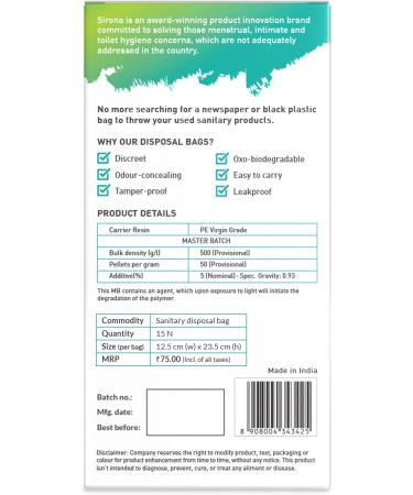 Sirona Personal Disposal Bags - 30 Bags for Tampons, Pads, Liners, Tampons & Condoms | Menstrual Care & Hygiene Products - 15 Count (Pack of 2) - Buy Online on GoSupps.com