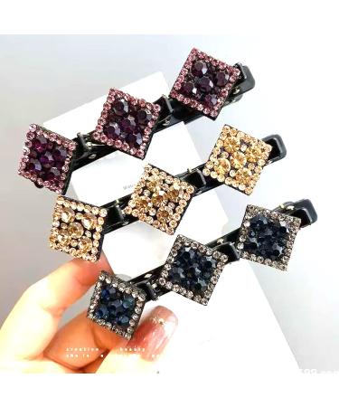 3 Pcs Sparkling Crystal Stone Braided Hair Clips for Women Hair Styling Clips with Rhinestones Double Layer Triple Segmented Braided Hair Clip with 3 Small Clips Set of 3 colors
