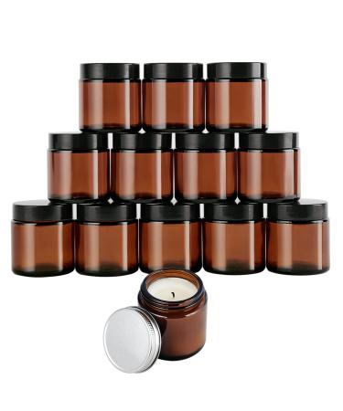 12 Pack, 4OZ Amber Round Glass Jars with 24 Lids, Empty Cosmetic Containers with Inner Liners, 12 Black Lids & 12 Silver Metal Lids for Beauty Products, Cosmetic, Lotion, Powders, Ointments and Spice Amber 4oz-12Pack