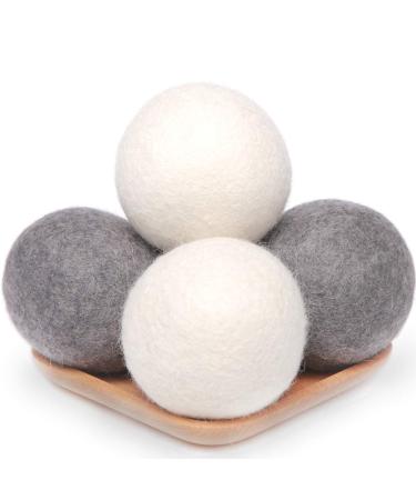 Wool Dryer Balls 4 Pack XL 2.96inch Premium New Zealand Wool Laundry Balls Organic Natural Fabric Softener Baby Safe Reduce Wrinkles and Drying Time(White & Grey) 4 Count (Pack of 1)
