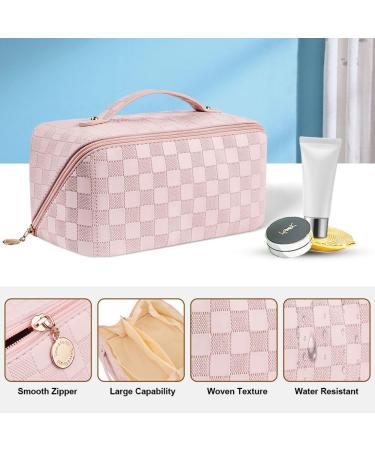 Aucuu Large Capacity Travel Cosmetic Bag for Women Girls PU Leather Waterproof Layered Storage Makeup Bag with Handle Portable Travel Organizer (Checkered Pink) #15 Pink-15 - Buy Online on GoSupps.com