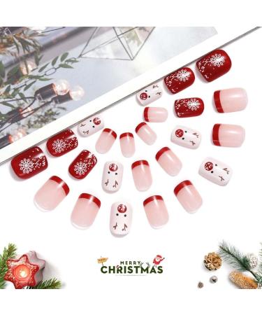 Vatocu Christmas False Nails - Short Red Snowflake & Elk Press on Nails | Snowman Acrylic Stick on Nails for Women & Girls (24pcs) - Buy Online on GoSupps.com