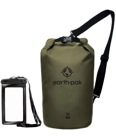 Earth Pak -Waterproof Dry Bag - Roll Top Dry Compression Sack Keeps Gear Dry for Kayaking, Beach, Rafting, Boating, Hiking, Camping and Fishing with Waterproof Phone Case 20L Forest Green
