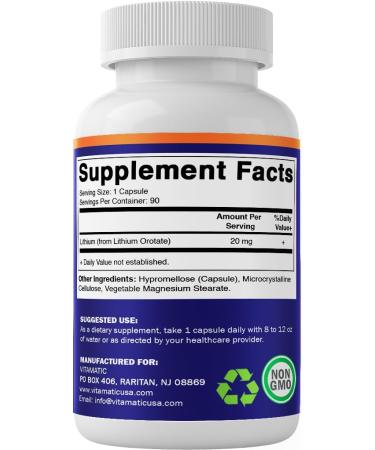 Vitamatic Lithium Orotate 20mg 90 Capsules - Veggie Caps Non-GMO Gluten Free- 2 Pack - Buy Online on GoSupps.com