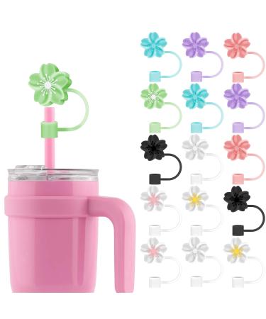 16 Pcs Flower Silicone Straw Cover 10mm/0.4in Diameter Cute Flower Silicone Straw Toppers Dustproof Straw Cover Toppers Silicone Straw Covers Dishwasher Safe for Stanley 30/40oz Tumblers Cups