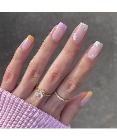 Sethexy Short Square False Nails French Press on Nails 24Pcs Acrylic Nails Stick on for Women and Girls Flower
