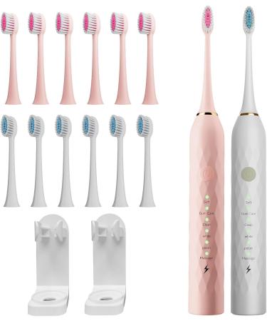 MAXWISDOM Toothbrush Electric with Holders 12 Sonic Toothbrush Heads Replacement 6 Modes Smart Timer 2 Hours Charge for 60 Days - Pink & White - Pack Of 18