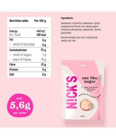 NICKS Keto Sweetener 70% Calorie Reduced 1:1 Low Carb Baking Sugar Replacement - Xylitol Erythritol Stevia Blend | Vegan - 1kg - Buy Online on GoSupps.com
