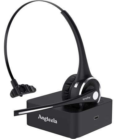 Trucker Bluetooth Angteela Headset with Microphone, Wireless Cell Phone Headset with Noise Canceling Mic Charging Base Mute Function for Home Office Call Center Skype