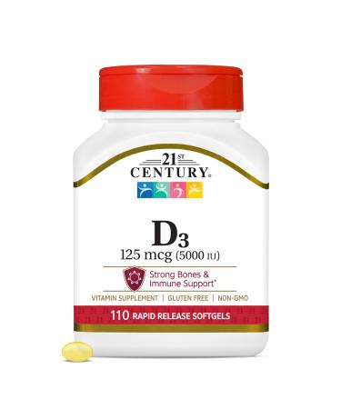 21st Century Healthcare Vitamin D3 125 mcg (5,000 IU) Rapid Release Softgels, 110 Count 110 Count (Pack of 1)