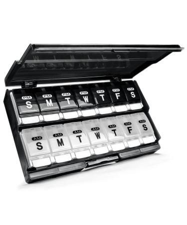 Weekly Pill Organizer 2 Times a Day - Remtise Am/Pm Daily Pill Case Medicine Organizer Push Button 7 Day Pill Box for Pills/Vitamin/Cod Liver Oil/Supplements (Black & White)