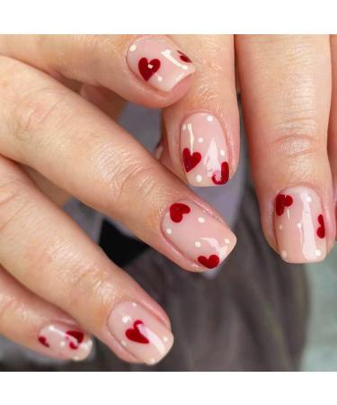 24Pcs Press on Nails Short Square False Nails with Designs Hearts Stick on Nails Red Love Acrylic Nails Tips Full Cover Artificial Fake Nails Reusable for Women Nail Decoration Red Heart