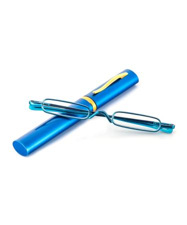 KoKoBin Mini Slim Reading Glasses Spring Hinge Metal Reading Aid Unisex Visual Aid with Case (Blue 2.50) Blue +2.50