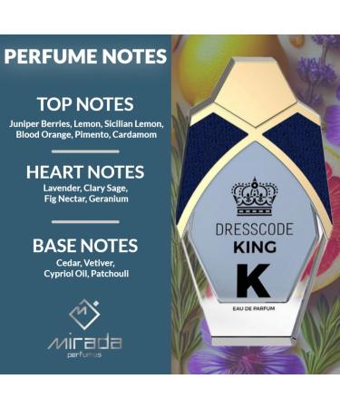 MIRADA Dresscode King Men's Eau de Parfum (EDP) 2.8 FL. Oz (85ml) Men s Perfume with Notes of Juniper Berries Lemon Sicilian Lemon Blood Orange Pimento Cardamom Lavender Clary Sage - Buy Online on GoSupps.com