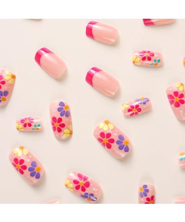 Hot Pink French Flower Press on Nails - 24Pcs Full Cover False Nails with Glue for Women & Girls | Square Stick on Nails - Buy Online on GoSupps.com