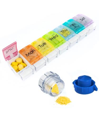 MUFFSHELL Weekly Pill Organizer Arthritis Friendly, Large Size BPA Free Spring Open Design for Home and Office Pill Box and Crusher for Pills, Vitamins, Fish Oil, Supplements and Medications.