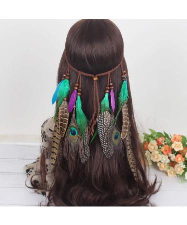 Fodattm Set of 2 Bohemian Peacock Feather Headband Headdress and Armband Hippie Headwear Headpiece Handmade Tribal Indian Fascinator Feather Hairband Hair Accessories for Girls Women Lady (C#) - Buy Online on GoSupps.com