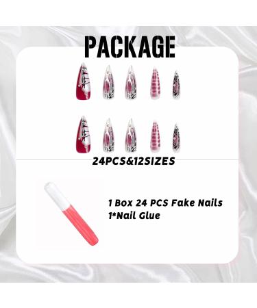 IMSOHOT Long Gothic Stiletto Press-On Nails - Black Red Ombre Glossy False Nails with Metal Cross Charms | 24PCS Reusable Almond Acrylic Full Cover - Buy Online on GoSupps.com