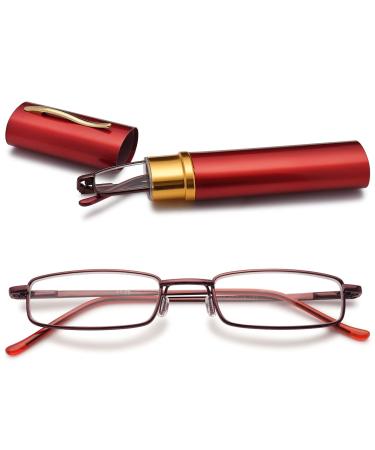 Vevesmundo metal reading glasses mini compact light spring hinge narrow classic reading aid glasses with metal etui 1 piece of red blue light filter reading glasses 3.0 x