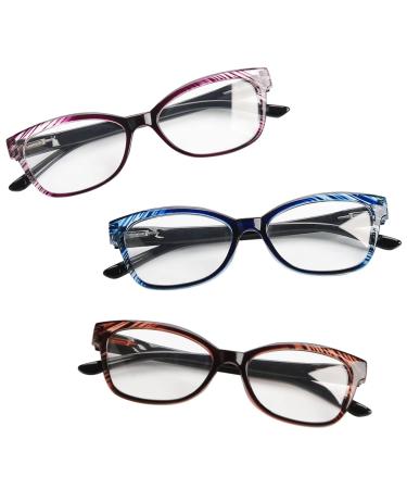 FONHCOO 3 Pack Reading Glasses for Women Men, Blue Light Blocking Stylish Cat Eye Computer Reader with Spring Hinges Anti Glare UV Ray Filter Eyeglasses (STRIPE, 1.5) Stripe 1.5 x