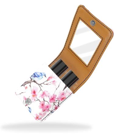 Buy Cherry Blossom & Blue Bird Leather Lipstick Case | Mini Lip Gloss Organizer with Mirror - International Shipping Available - Buy Online on GoSupps.com