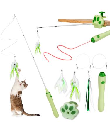 BEBOBLY 3-in-1 Retractable Cat Wand Toys for Indoor Cats, Automatic Interactive Feather Cat Toy Teaser Fishing Pole, 2 Real Feathers & Long Ribbon w/ Bells, Electronic Smart Pet Exercise Kitten Toys Green