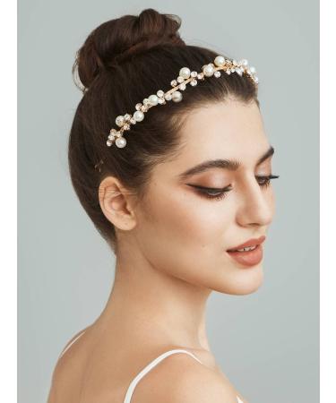SWEETV Gold Pearl Tiara Headband for Women - Crystal Bridal Wedding Hair Accessory - Buy Online on GoSupps.com