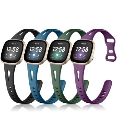Ouwegaga Compatible with Fitbit Sense Bands/Fitbit Versa 3 4 Bands Women Men/Fitbit Sense 2 Soft Silicone Thin Narrow Slim Sport Watch Band for Fitbit Sense/Versa 3 Smartwatch 4 Packs Small (5.5"-7.1") A-Black/ Purple/ Slate Blue/ Dark Green