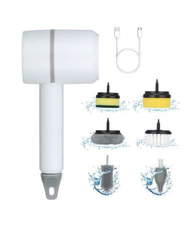 Dish Gun Sponge Electric Dish Gun for Washing Milk Bottles Cordless Power Spin Scrubber with 6 Replaceable Brush Heads Scrub Gun for Kitchen Bathroom Car White 22.4 12cm