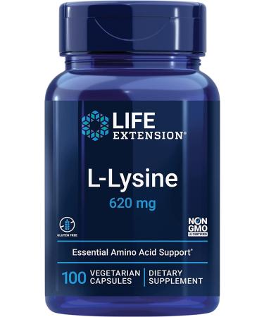 Life Extension L-Lysine 620mg High Dose 100 Vegan Capsules Laboratory Tested Gluten Free Vegetarian SOYA Free GMO Free