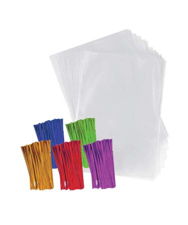 Clear Plastic Cellophane Bags with 4" Colored Twist Ties for Gifts Party Favors (4"x6", 100 Pack) 4x6 Inch (Pack of 100) 100 Pack